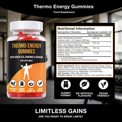 LIMITLESS GAINS Thermo Energy Gummies food supplement with nutritional information and branding on a blurred background