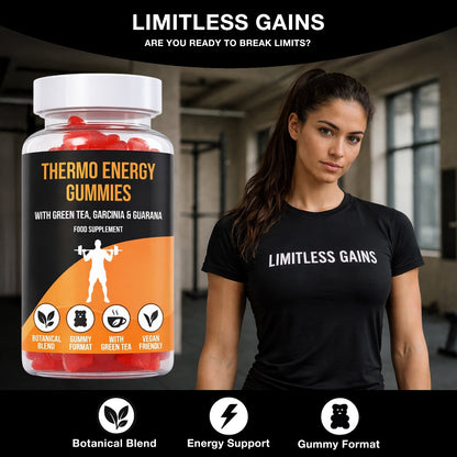 Thermo energy gummies packaging with a woman wearing a 'Limitless Gains' t-shirt in a gym setting.