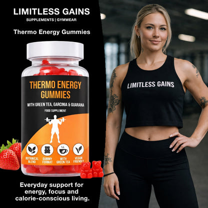 Thermo energy gummies supplement with a woman wearing a 'Limitless Gains' shirt in a gym setting.