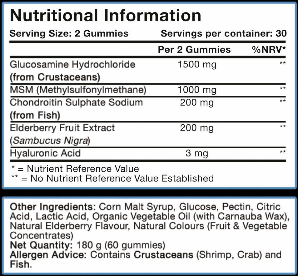 Nutritional information label for LIMITLESS GAINS Glucosamine gummy vitamins with ingredients and allergen warning.