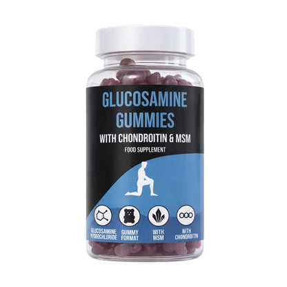 Jar of LIMITLESS GAINS glucosamine gummies with chondroitin and MSM on a white background