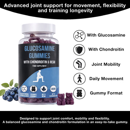 LIMITLESS GAINS Glucosamine gummies with chondroitin and MSM, labeled as advanced joint support, on a white background.