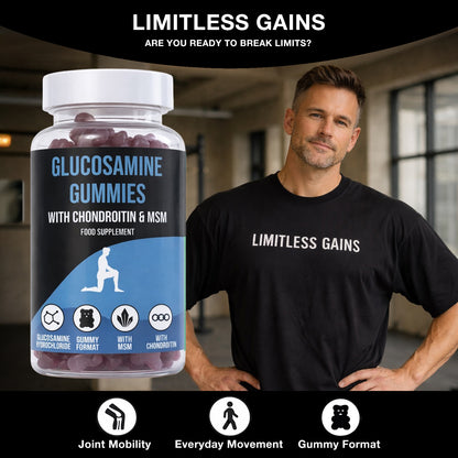 LIMITLESS GAINS Bottle of Glucosamine Gummies with a man wearing a 'Limitless Gains' shirt in an indoor setting.