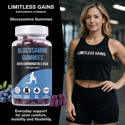 LIMITLESS GAINS Supplement bottle labeled 'Glucosamine Gummies' with a woman wearing a 'Limitless Gains' shirt in the background.