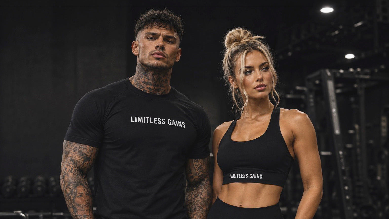 Two people wearing 'Limitless Gains' branded athletic wear in a gym setting.