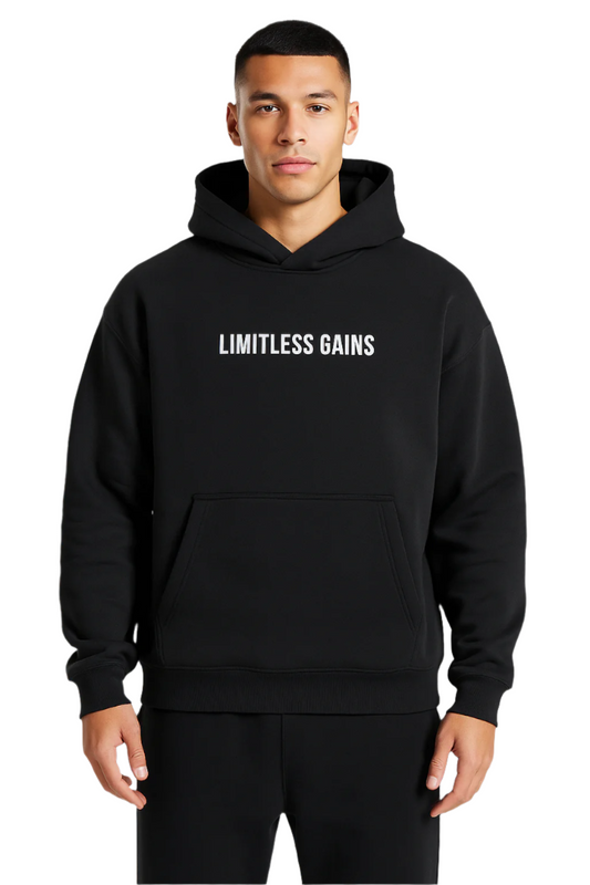 Person wearing a black hoodie with 'LIMITLESS GAINS' text on a white background