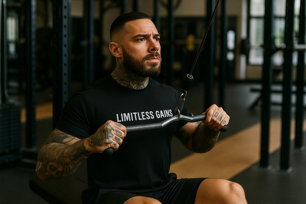 Man exercising with a cable machine in a gym wearing a black t-shirt with 'Limitless Gains' text.