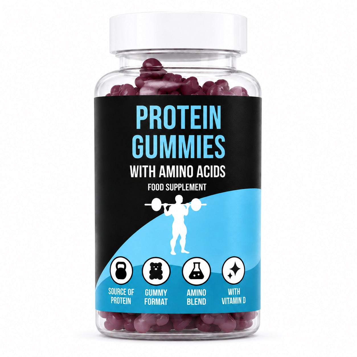 Jar of LIMITLESS GAINS protein gummies with a label detailing ingredients and benefits on a white background