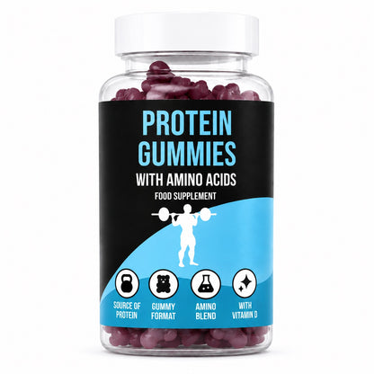 Jar of LIMITLESS GAINS protein gummies with a label detailing ingredients and benefits on a white background