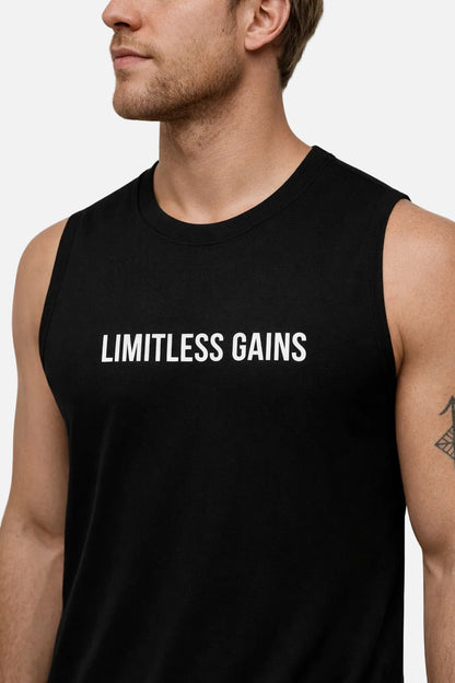 Black sleeveless shirt with 'LIMITLESS GAINS' text on a white background