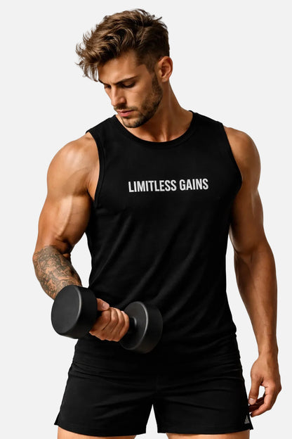 Muscular man holding dumbbells wearing a black tank top with 'Limitless Gains' text.