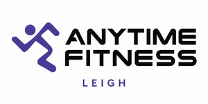 Anytime Fitness logo with 'Leigh' text on a white background