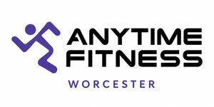 Anytime Fitness Worcester logo with a purple figure and black text on a white background