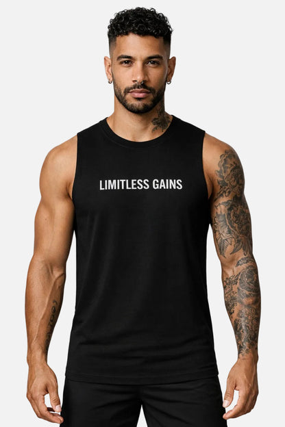 Man wearing a black tank top with 'LIMITLESS GAINS' text on a white background