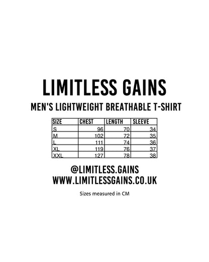 Size chart for men's lightweight breathable t-shirt with measurement details.