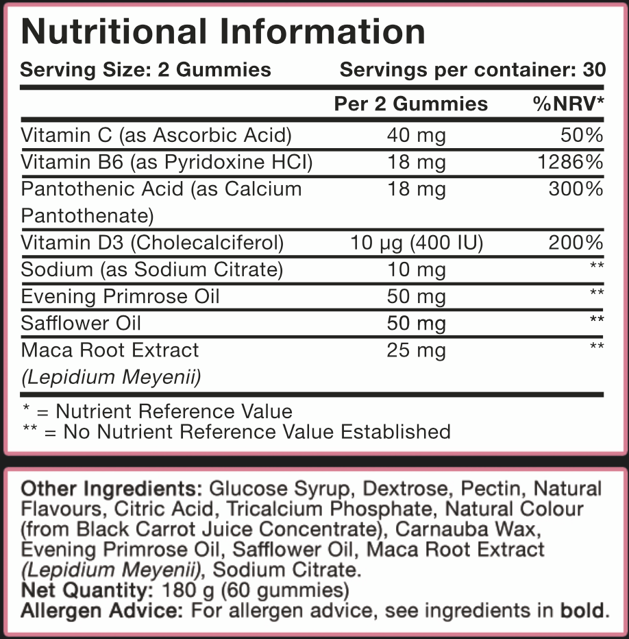 Nutritional information label for LIMITLESS GAINS Menopause gummies with various vitamins and oils.