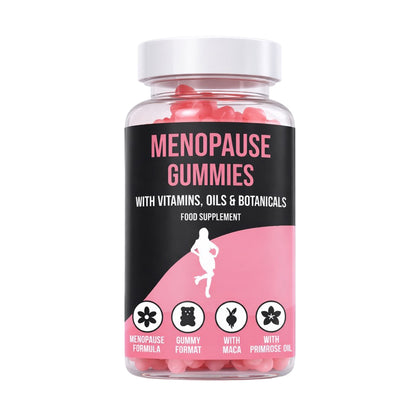 LIMITLESS GAINS Bottle of menopause gummies with vitamins, oils, and botanicals on a white background