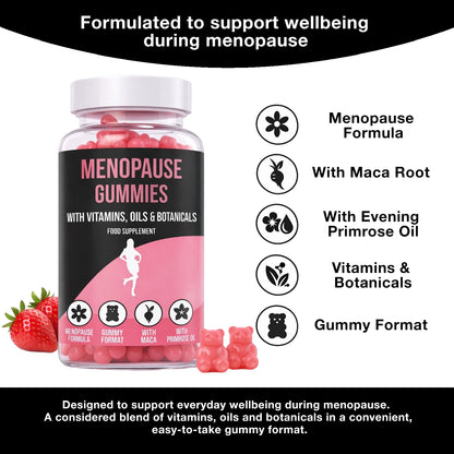 LIMITLESS GAINS Menopause gummies with vitamins, oils, and botanicals on a white background