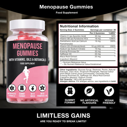 LIMITLESS GAINS Menopause gummies packaging with nutritional information on a blurred background