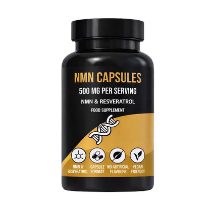 LIMITLESS GAINS Black and yellow supplement bottle labeled 'NMN Capsules' on a white background