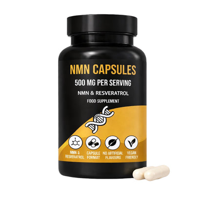 LIMITLESS GAINS Black and yellow supplement bottle labeled 'NMN Capsules' on a white background