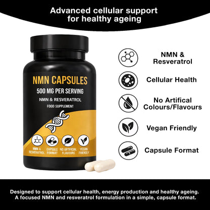 LIMITLESS GAINS NMN capsules supplement bottle with features listed on a white background