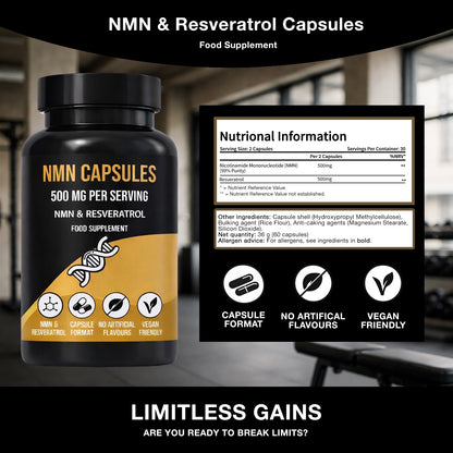 LIMITLESS GAINS NMN & Resveratrol Capsules supplement bottle with nutritional information panel on a blurred indoor background.