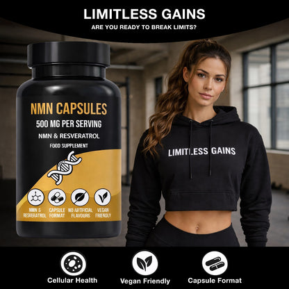 LIMITLESS GAINS NMN capsules supplement bottle with a woman wearing a 'Limitless Gains' hoodie in a gym setting.