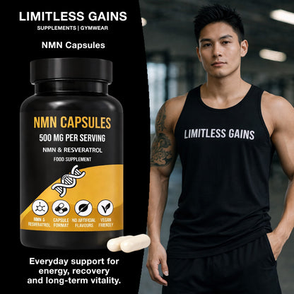 LIMITLESS GAINS NMN Capsules supplement bottle with a person wearing a 'Limitless Gains' tank top in a gym setting.