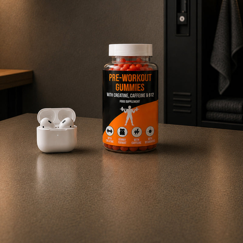 LIMITLESS GAINS Pre-workout gummies bottle and white earbuds on a table