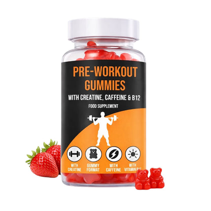 LIMITLESS GAINS Pre-workout gummies in a clear bottle with an orange label on a white background