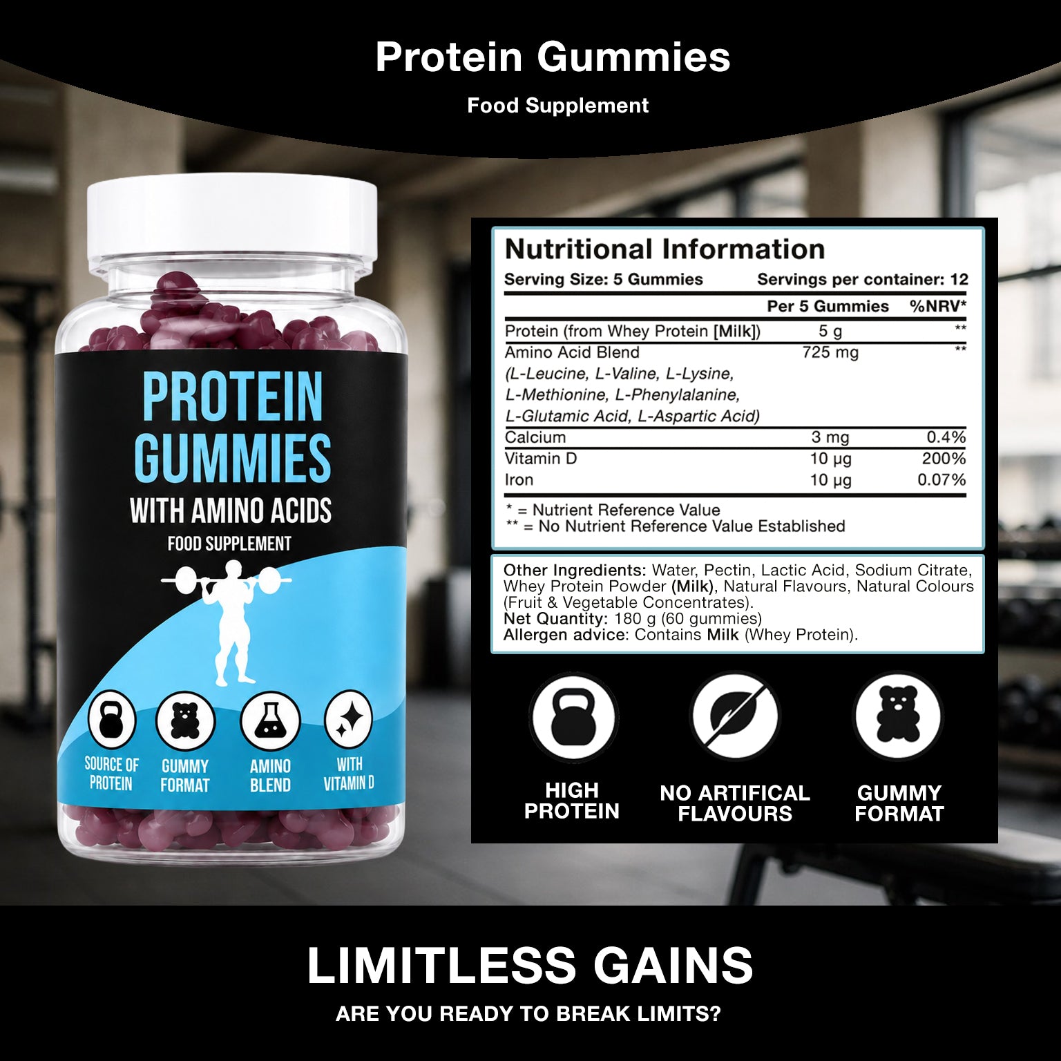 LIMITLESS GAINS Protein gummies with nutritional information and branding on a blurred background