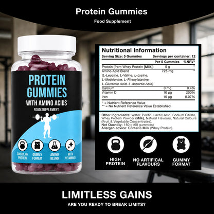 LIMITLESS GAINS Protein gummies with nutritional information and branding on a blurred background