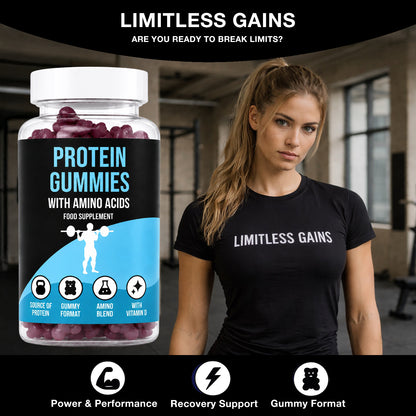 LIMITLESS GAINS Protein gummies with amino acids supplement and a woman wearing a 'Limitless Gains' t-shirt in a gym setting.