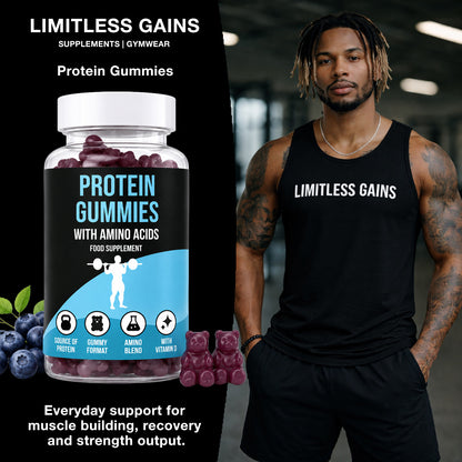 LIMITLESS GAINS Protein gummies with amino acids packaging and a person wearing a 'Limitless Gains' tank top.