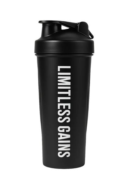 Black shaker bottle with 'Limitless Gains' text on a white background