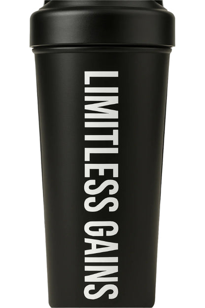 Black shaker bottle with 'LIMITLESS GAINS' text on a white background