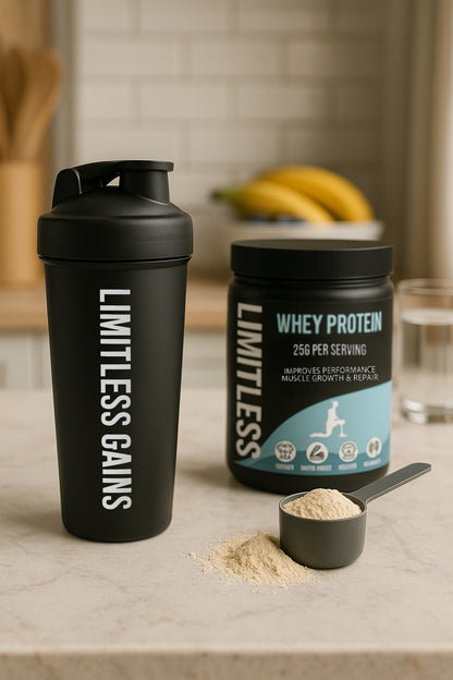 Limitless Gains whey protein shaker and container on a kitchen counter with bananas in the background.