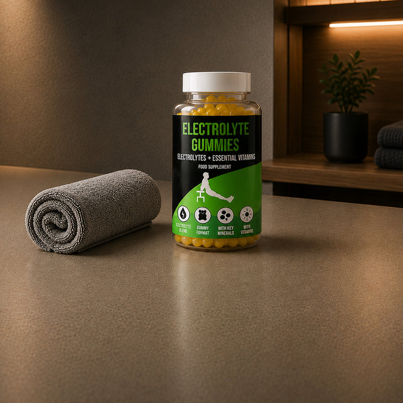 Bottle of LIMITLESS GAINS electrolyte gummies on a countertop with a towel and plant in the background