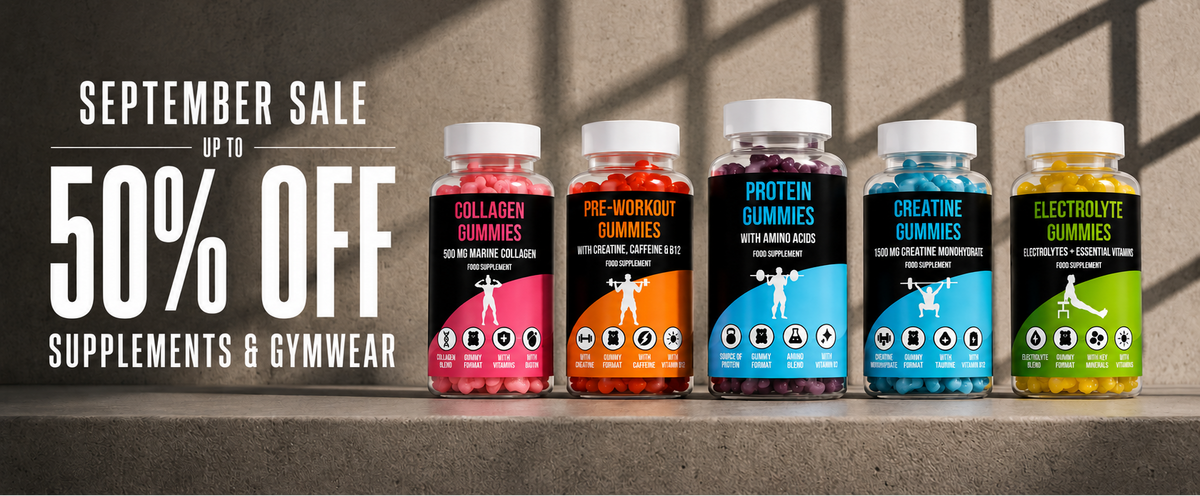 Five bottles of LIMITLESS GAINS gummy supplements lined up on a concrete surface against a textured wall with window shadow patterns. The bottles are labeled Collagen Gummies, Pre-Workout Gummies, Protein Gummies, Creatine Gummies, and Electrolyte Gummies, each with a different colored label (pink, orange, black, blue, green).
