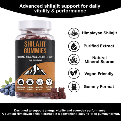 LIMITLESS GAINS Shilajit gummies packaging with product features listed on a white background