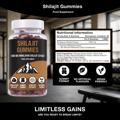 LIMITLESS GAINS Shilajit Gummies supplement bottle with nutritional information panel on a blurred indoor background