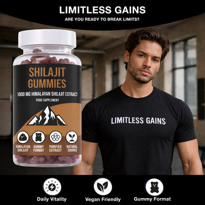 LIMITLESS GAINS Shilajit Gummies supplement bottle with a man wearing a 'Limitless Gains' t-shirt in a gym setting.