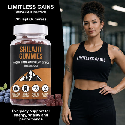 LIMITLESS GAINS Shilajit Gummies supplement bottle with a woman wearing a 'Limitless Gains' sports bra.