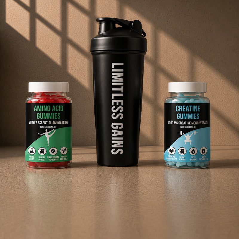 LIMITLESS GAINS Supplement bottles and a shaker bottle on a wooden surface with a brown background