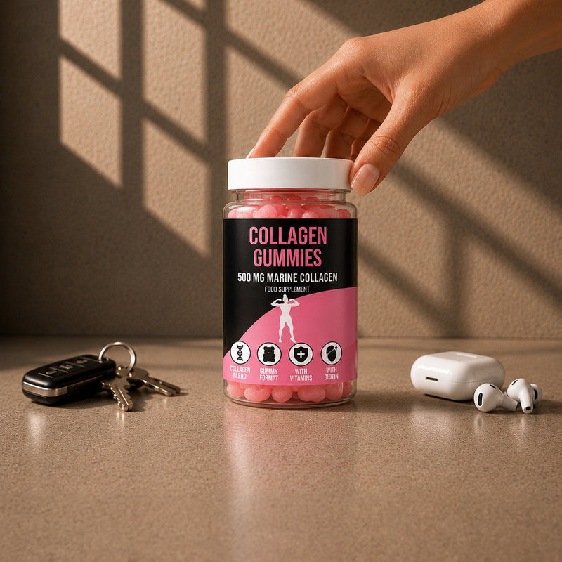 Jar of collagen gummies with a hand reaching for it on a surface with keys and earbuds.