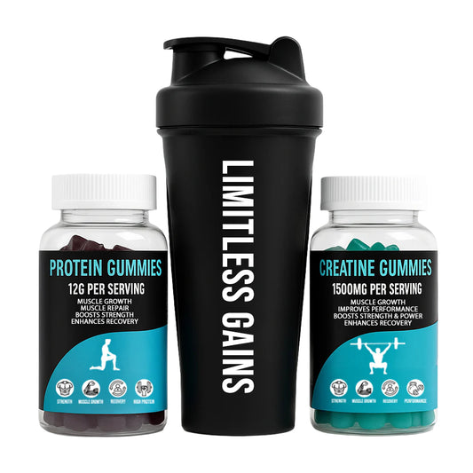 Black shaker bottle with 'Limitless Gains' branding, surrounded by protein gummies and creatine gummies packaging.