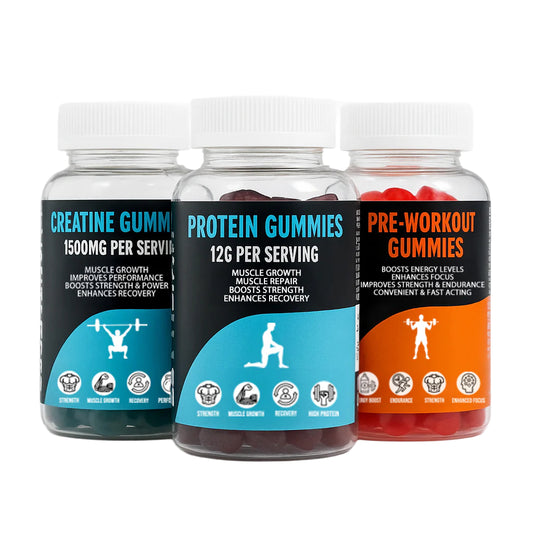 Three bottles of different types of gummies on a white background