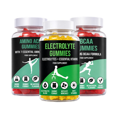 Three LIMITLESS GAINS bottles of different types of gummies on a white background
