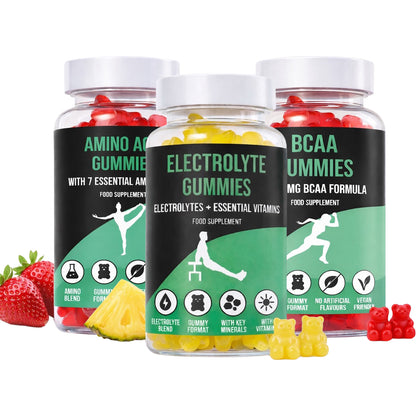 Three bottles of LIMITLESS GAINS gummy supplements with colorful labels on a white background.